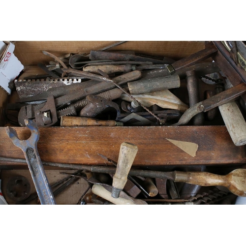 480 - Quantity of Old Tools including Wooden Plane, Wooden Ruler, Brass Lion Mask Rings, etc