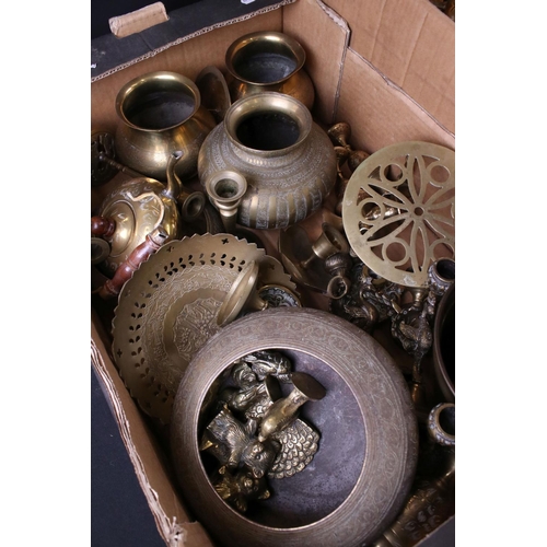 482 - Three Boxes of Metal ware, mainly Brass including Brass Animals, Figures and other Objects, Brass Tr... 