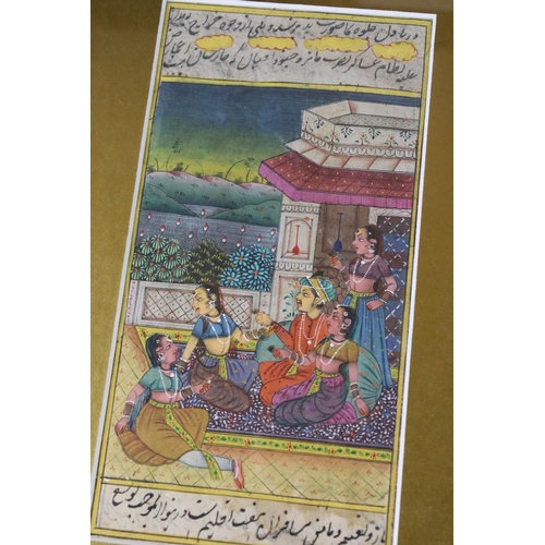 483 - Five Indian Mughal style Paintings, depicting figures with text, largest 10cm x 20cm, framed and gla... 