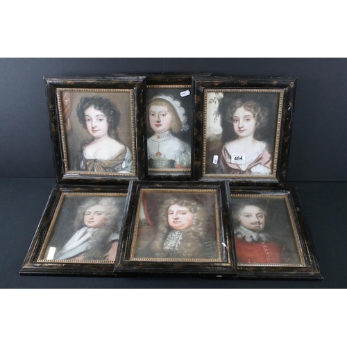 484 - After Edmund Ashfield, Six Pastel Portrait of 17th century Gentlemen and Ladies, each picture 19cm x... 