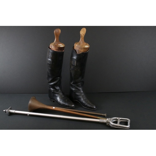 485 - Pair of Black Riding Boots with Wooden Trees by Maxwell of London together with Copper Coaching Horn... 