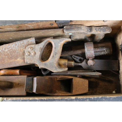 491 - Early 20th century Stained Pine Tool Box containing a quantity of old tools including wooden handled... 