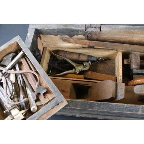 491 - Early 20th century Stained Pine Tool Box containing a quantity of old tools including wooden handled... 