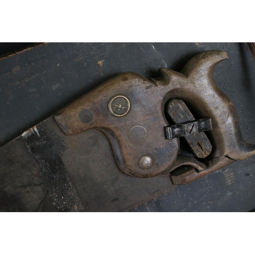 491 - Early 20th century Stained Pine Tool Box containing a quantity of old tools including wooden handled... 