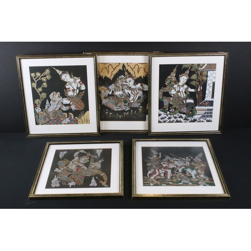 492 - Set of five South Sea Asian artworks on textile depicting deities and mythological characters