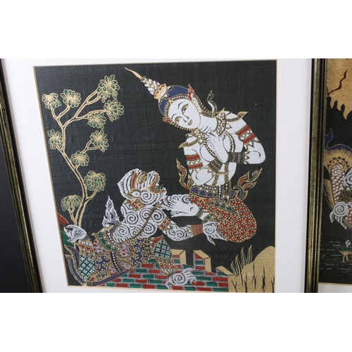 492 - Set of five South Sea Asian artworks on textile depicting deities and mythological characters