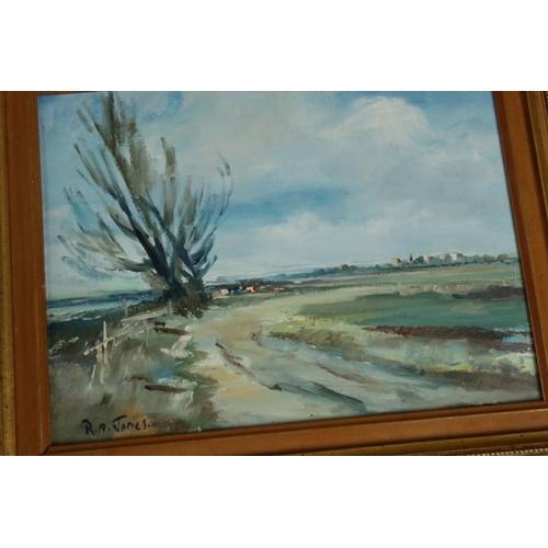 495 - R A Jones, Three Small Landscape Oil Paintings on Canvas, all signed, largest 24cm x 19cm, gilt fram... 