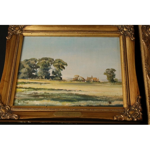 495 - R A Jones, Three Small Landscape Oil Paintings on Canvas, all signed, largest 24cm x 19cm, gilt fram... 