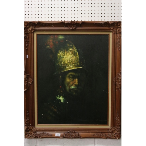 496 - 20th century Oil Painting on Canvas, after Rembrandt, Portrait of a Conquistador ' Man with the Gold... 