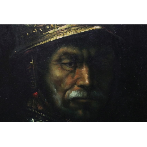 496 - 20th century Oil Painting on Canvas, after Rembrandt, Portrait of a Conquistador ' Man with the Gold... 