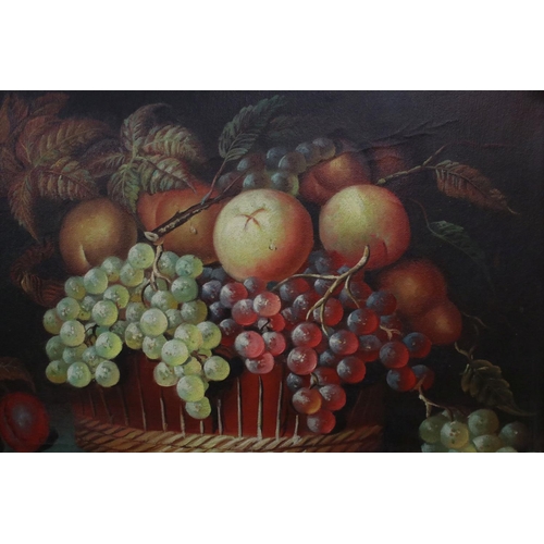 500 - Oil painting, still life study of fruit & basket, 39cm x 29cm, ornate gilt frame