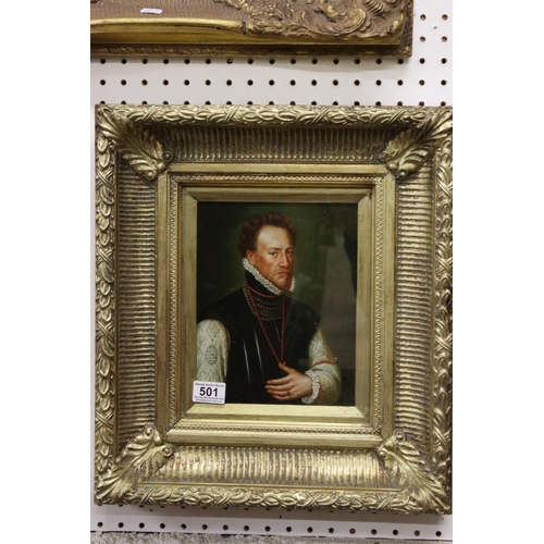 501 - Oil on panel, a Contemporary portrait of Elizabethan courtier Sir Henry Lee, 19cm x 24cm