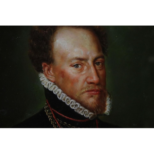 501 - Oil on panel, a Contemporary portrait of Elizabethan courtier Sir Henry Lee, 19cm x 24cm