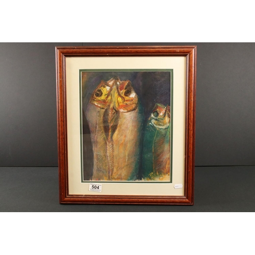 504 - Oil Pastel on Paper of Three Fish, unsigned, 27cm x 33cm, framed and glazed