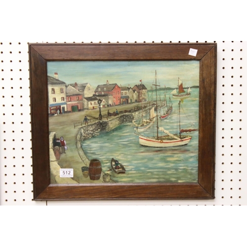 512 - Oil painting on panel of a harbour scene, 43cm x 36cm