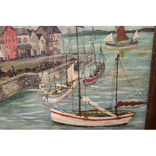 512 - Oil painting on panel of a harbour scene, 43cm x 36cm