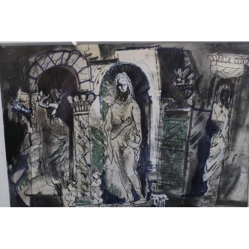 519 - After John Piper, Pen and Watercolour depicting Statues / Figures within a Roman building, signed Jo... 