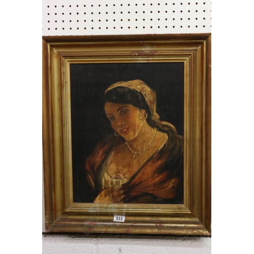 533 - Jules Vestir, oil on panel, portrait of a gypsy girl, in a gilt frame