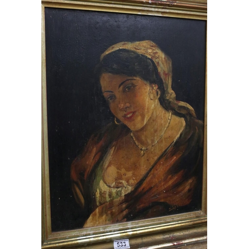 533 - Jules Vestir, oil on panel, portrait of a gypsy girl, in a gilt frame