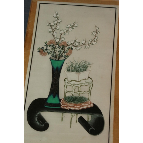 535 - Three Chinese Watercolours on Rice Paper of Floral Displays within Containers, 18cm x 32cm, framed a... 