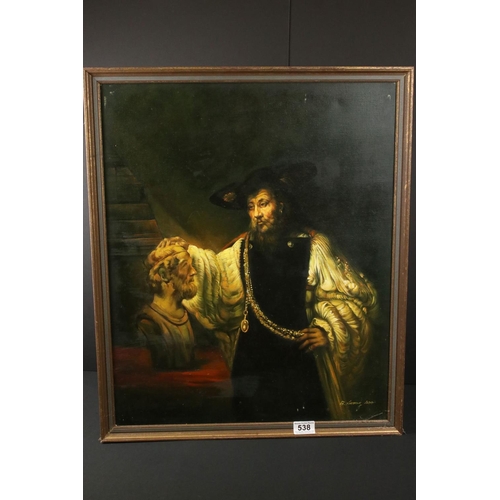 538 - 20th century Oil Painting on Canvas, after Rembrandt ' Aristotle with a bust of Homer ', signed, 49c... 