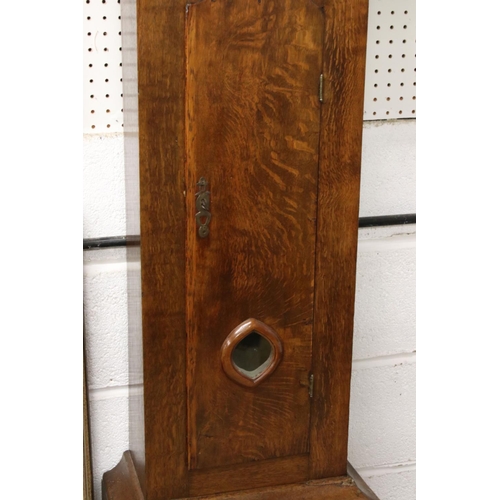 557 - 19th century 8 day Oak Longcase Clock, the arched white painted face with rocking boat, seconds dial... 