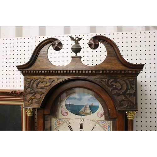 557 - 19th century 8 day Oak Longcase Clock, the arched white painted face with rocking boat, seconds dial... 