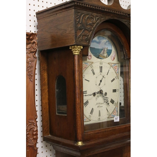 557 - 19th century 8 day Oak Longcase Clock, the arched white painted face with rocking boat, seconds dial... 