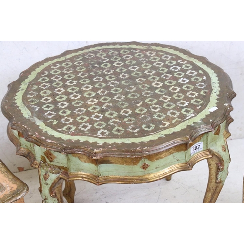 562 - Italianate Giltwood and Green Painted Circular Low Table, 62cm diameter x 51cm high together Italian... 