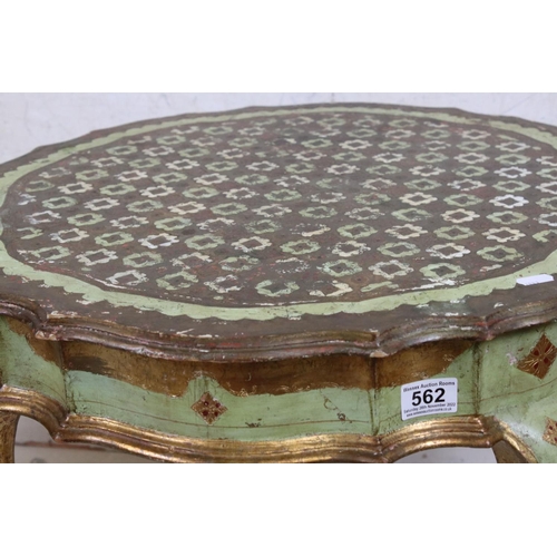 562 - Italianate Giltwood and Green Painted Circular Low Table, 62cm diameter x 51cm high together Italian... 