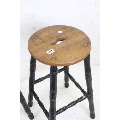 577 - Pair of part painted oak high stools, 68cm high