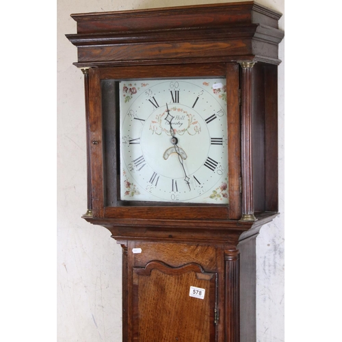 578 - George III Oak and Mahogany Cross-banded Longcase Clock, the square painted dial signed Rob. Hall, O... 