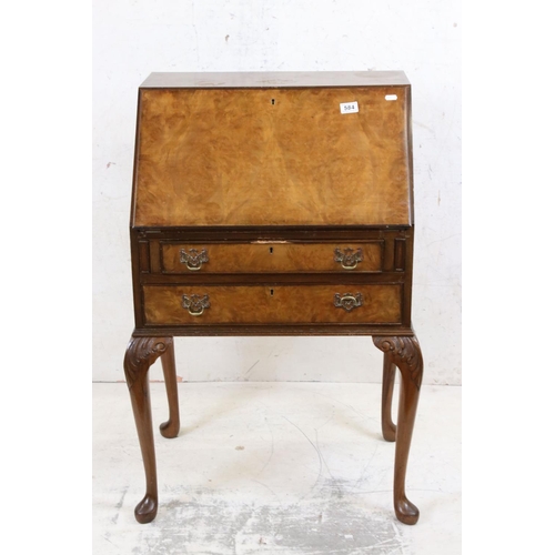 584 - Queen Anne Revival Drop Front Bureau with two drawers, raised on cabriole legs, 66cm wide x 49cm dee... 