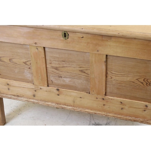 587 - 19th century Pine Coffer with three panels to front, raised on tall square legs, 103cm wide x 46cm d... 