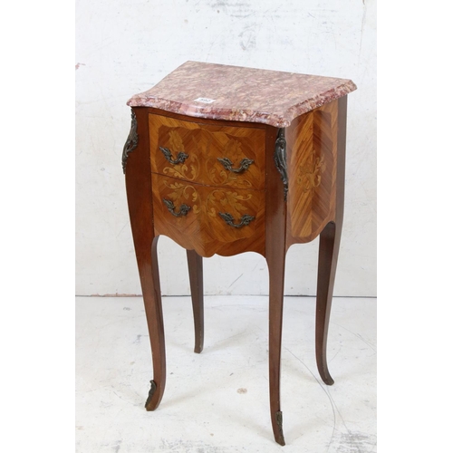 592 - French Louis XV style Inlaid Kingwood Bedside Cabinet of serpentine outline, with two drawers, marbl... 