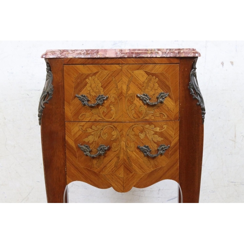 592 - French Louis XV style Inlaid Kingwood Bedside Cabinet of serpentine outline, with two drawers, marbl... 