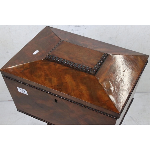 593 - William IV Mahogany Teapoy of sarcophagus form, the hinged lid enclosing fitted interior with mixing... 