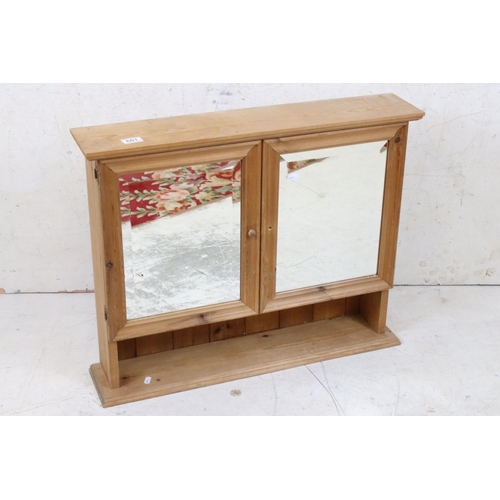 601 - Pine Wall Cabinet with two mirrored doors and shelf below, 71cm wide x 15cm deep x 58cm high