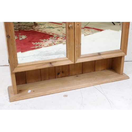 601 - Pine Wall Cabinet with two mirrored doors and shelf below, 71cm wide x 15cm deep x 58cm high