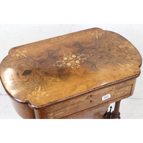 604 - Victorian Walnut Inlaid combination Writing and Sewing Table, the hinged lift lid opening to a fitte... 