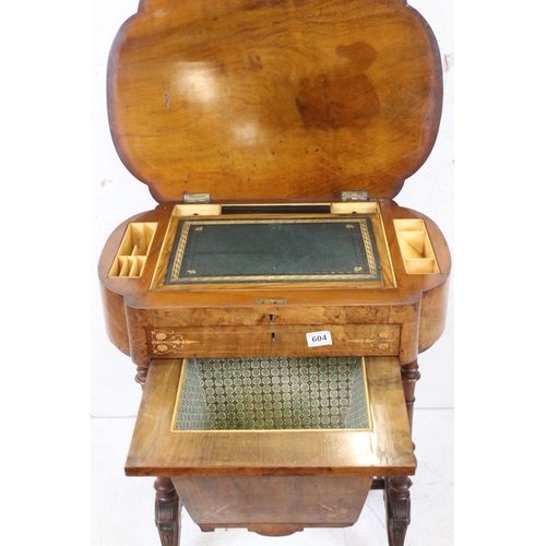 604 - Victorian Walnut Inlaid combination Writing and Sewing Table, the hinged lift lid opening to a fitte... 