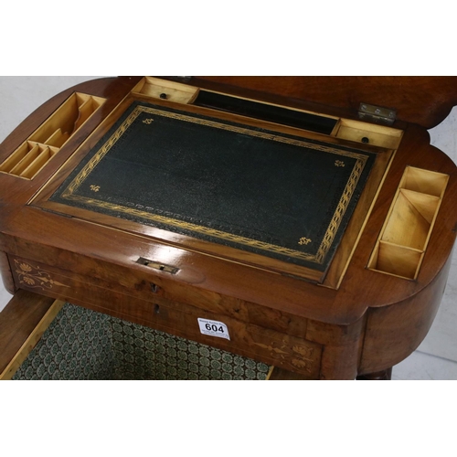 604 - Victorian Walnut Inlaid combination Writing and Sewing Table, the hinged lift lid opening to a fitte... 