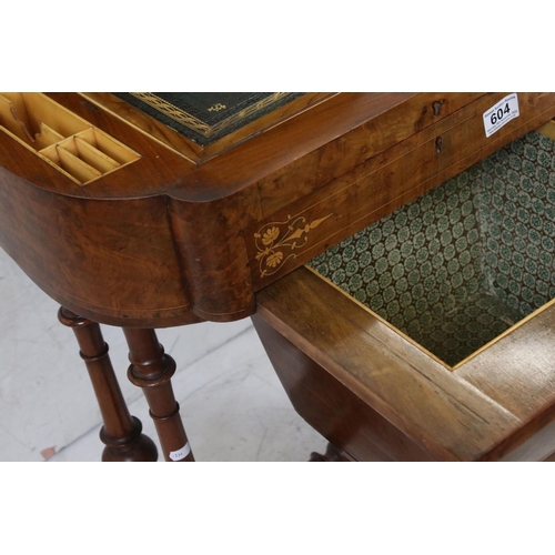 604 - Victorian Walnut Inlaid combination Writing and Sewing Table, the hinged lift lid opening to a fitte... 