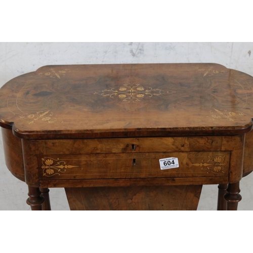 604 - Victorian Walnut Inlaid combination Writing and Sewing Table, the hinged lift lid opening to a fitte... 