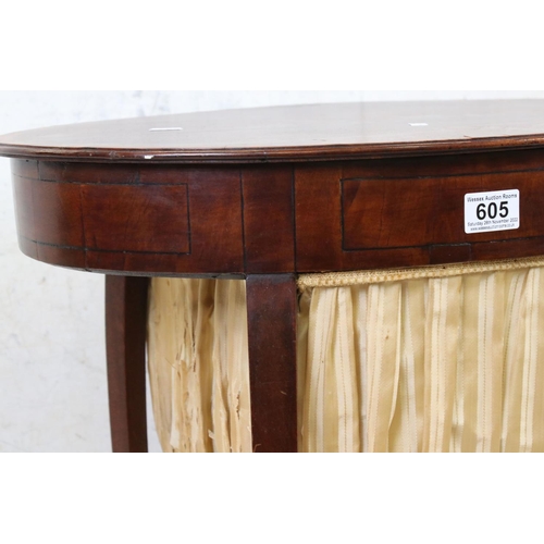 605 - Early 20th century Mahogany Work / Sewing Table of oval outline, the hinged lid opening to a section... 