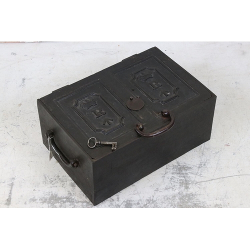 612 - 19th century Iron Military Lock Box / Safe, the hinged lid cast with two crowns above two R's above ... 