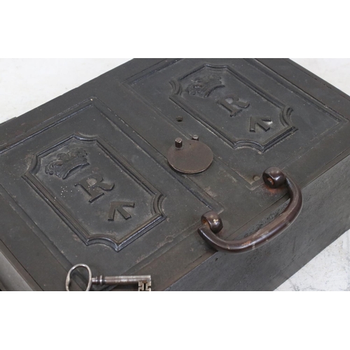 612 - 19th century Iron Military Lock Box / Safe, the hinged lid cast with two crowns above two R's above ... 