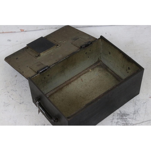 612 - 19th century Iron Military Lock Box / Safe, the hinged lid cast with two crowns above two R's above ... 