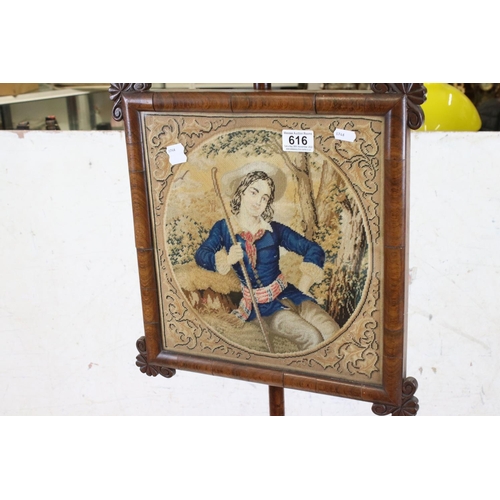 616 - 19th century Rosewood Pole Screen, with needlework panel to screen, raised on a part turned, part oc... 