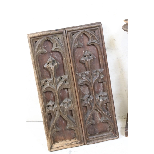 626 - Ecclesiastical Carved Wooden Panel, 42cm high, Wooden Candlestick and an Oak Box